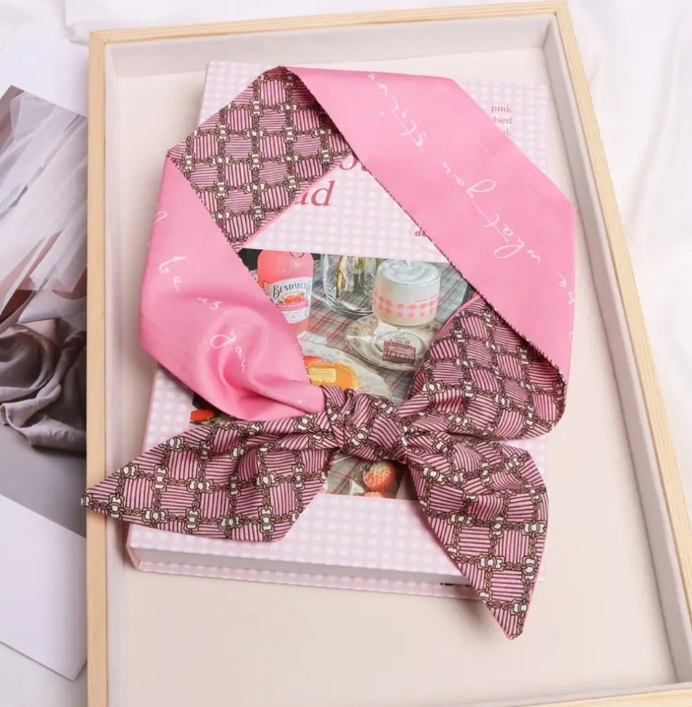 Floral and Geometric Pink Satin Twillies/Scarves Set 4 Pcs. - Picture 3 of 6